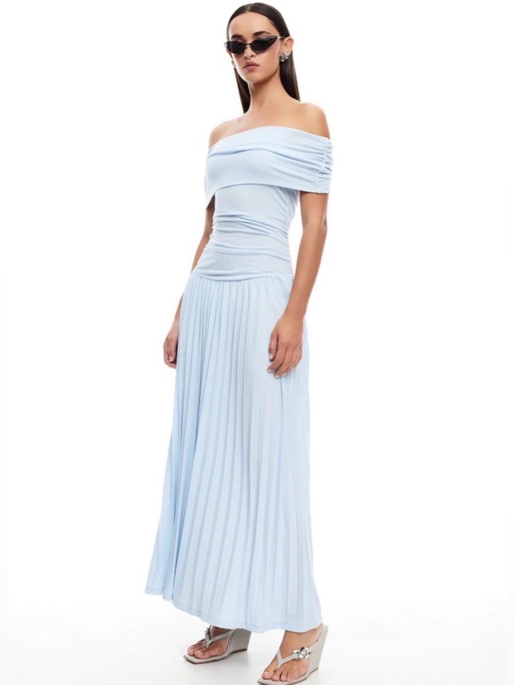 Lioness One-Shoulder Pleated Maxi Dress in Light Blue